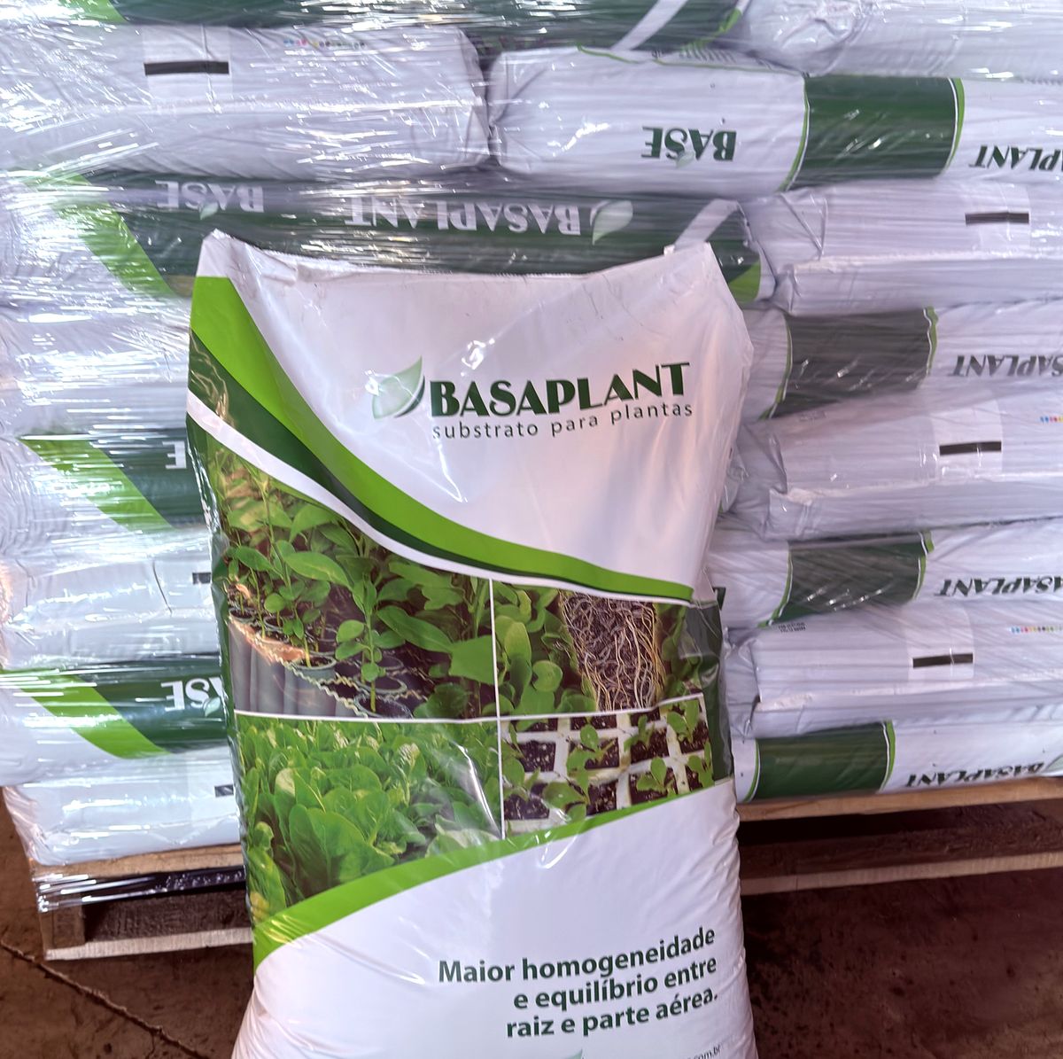 Palete de sacos de Basaplant encapados, prontos para carregamento